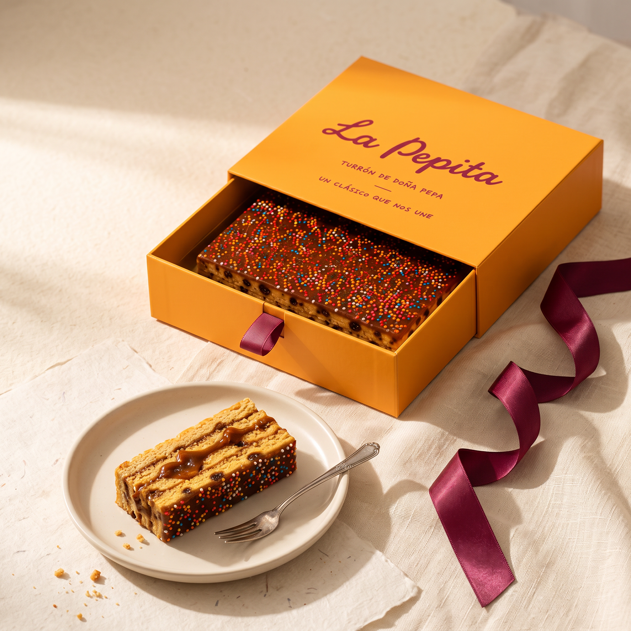 Caja naranja LA PEPITA abierta con el turrón de Doña Pepa, lazo granate y una porción cortada